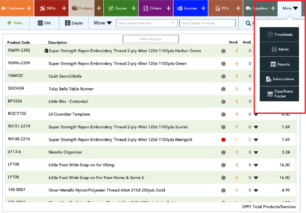 Selecting the More button from the Products Dashboard